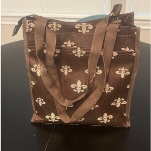 Brown Fleur De Lis Zippered Tote Bag with Mesh Side Pocket NWT